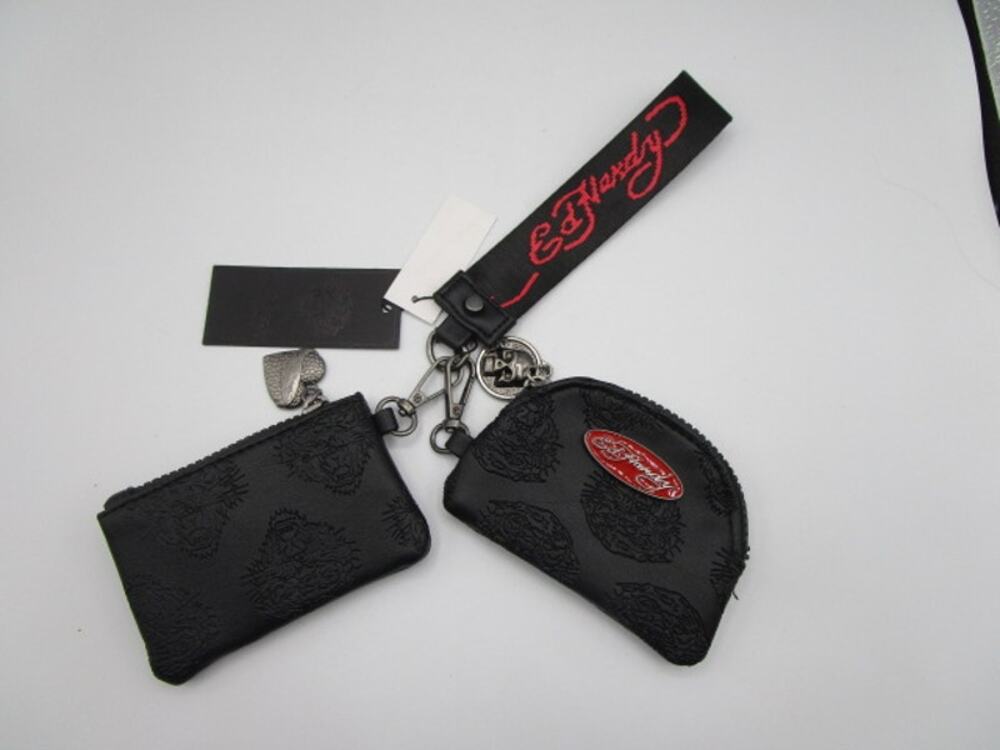 Ed‎ Hardy Tiger Print Key Ring Zip Close Coin Purse Card Holder Black